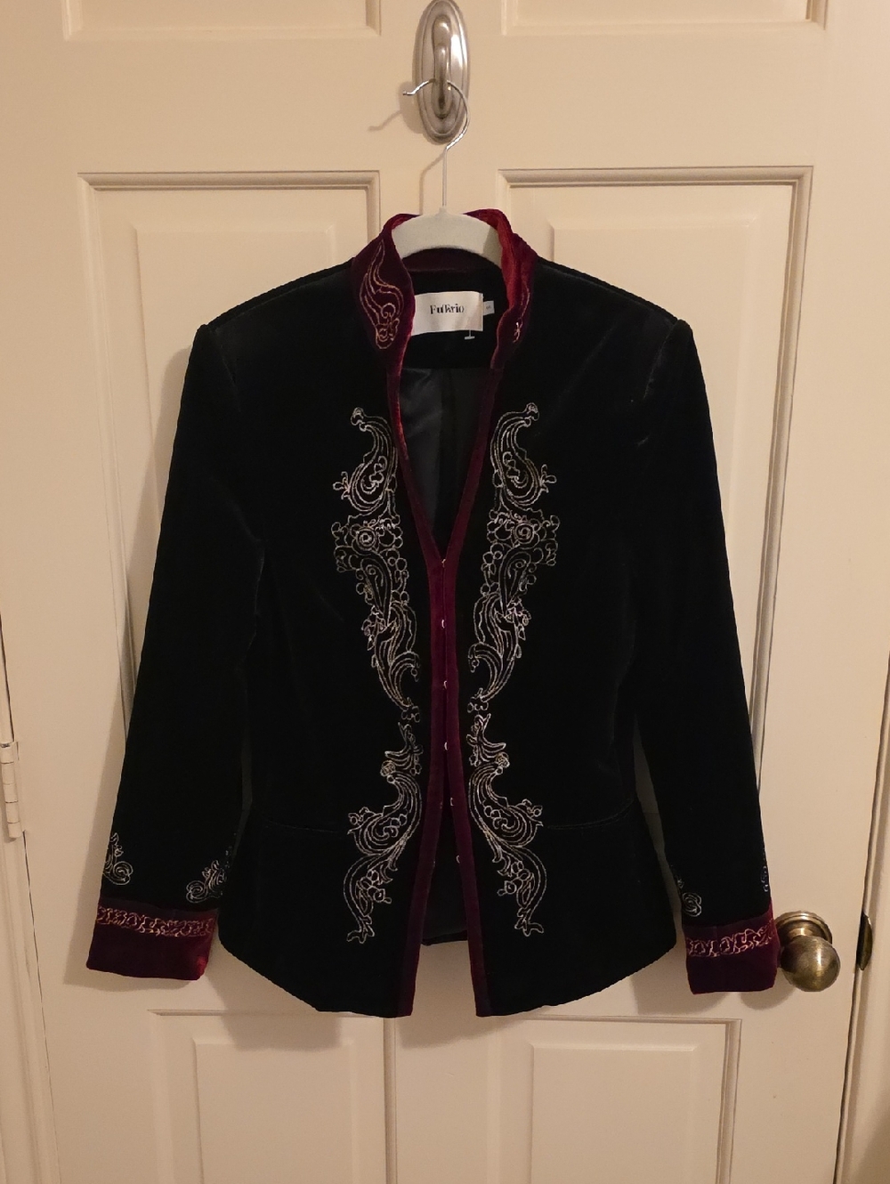 Authentic Futario Black Velvet Embroidered Jacket with Burgundy Trim